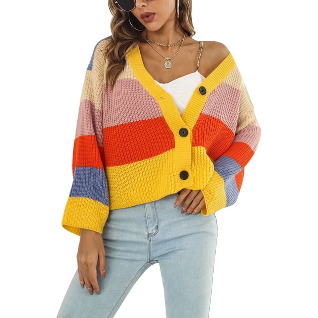 Teen Girl Sweater, V Neck Women Cardigan Crochet Contrast Colour For Office ANGGREK Amarillo M