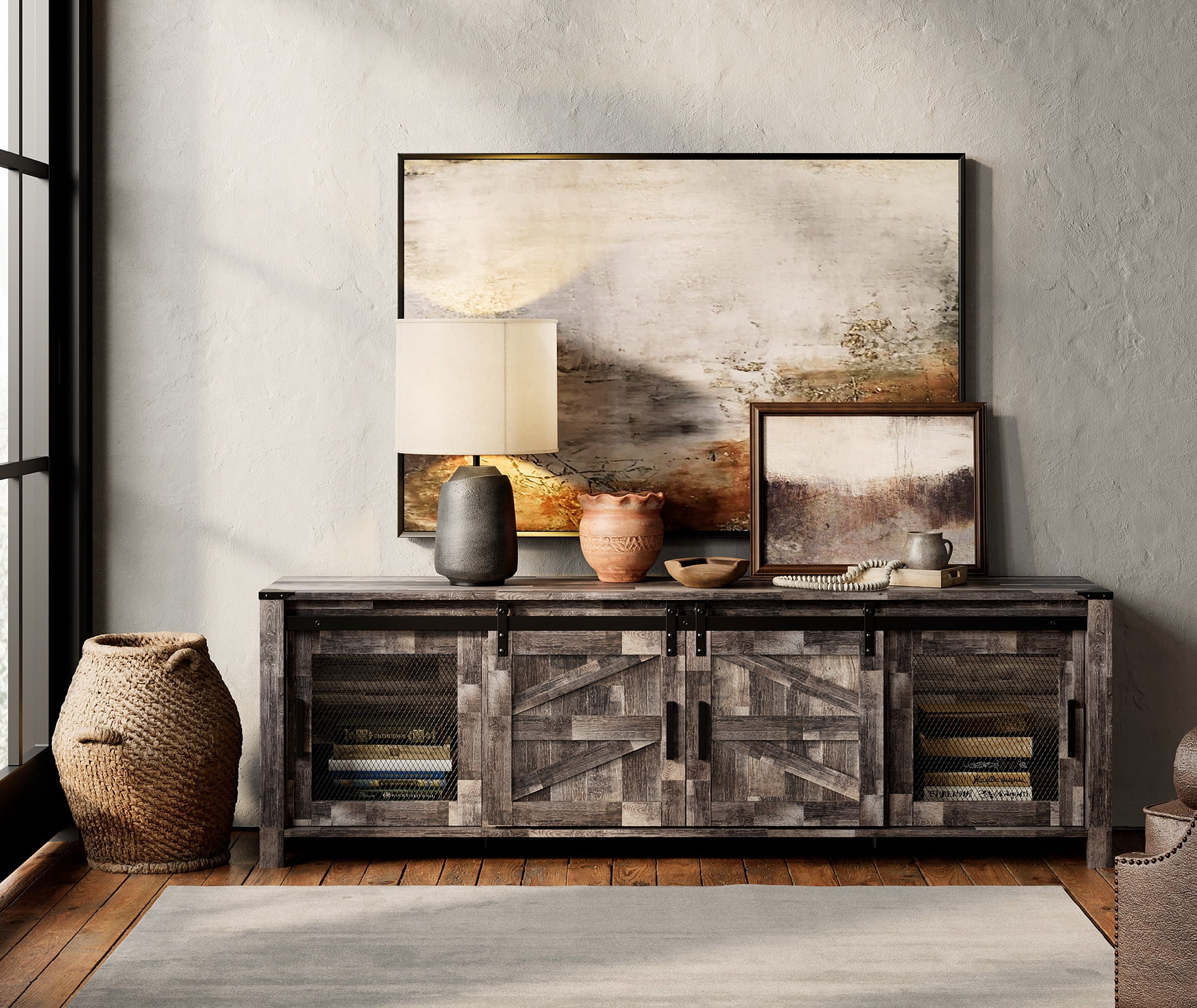 Wampat Television Stand with Storage Cabinets, Wood Metal White, 22.80 x 15.40 x 70.00 Inches