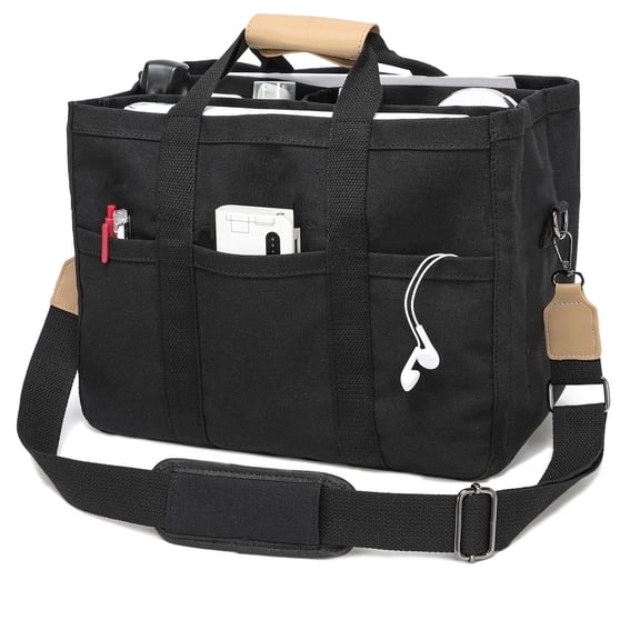 HLSHJDF Multi Pocket Canvas Tote Bag with Compartments for Women Large Capacity Crossbody Bag Mommy Bag Canvas Shoulder Bag for Travel Everyday(Black)
