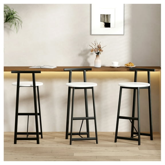 Bar Stools Kitchen Island, Set of 3 Metal Counter Barstools with Backrest for Dining, Pub, Room (Black & White)