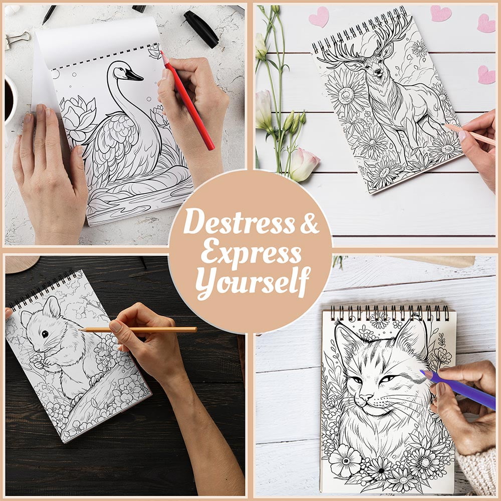 Netecom Animals in Flowers Coloring Book Spiral Bound For Adults, A5 Wooden Cover, 30 Beautiful Coloring Pages of Cute Animals and Vibrant Flowers for Stress Relief