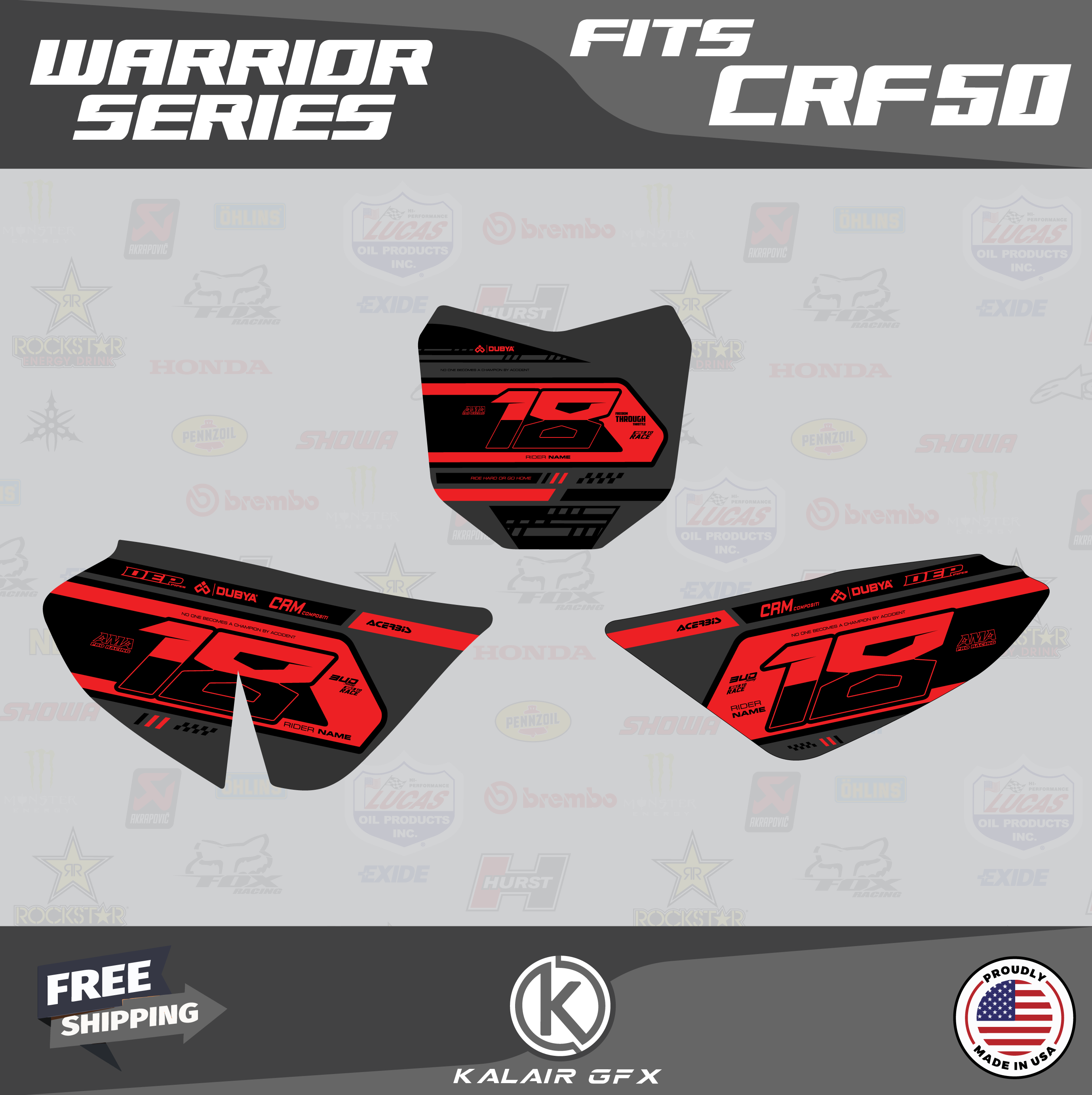 KALAIR GFX Red Shift Graphics Kit For Honda CRF50 (2004-2012 Or 2013+) - Customizable