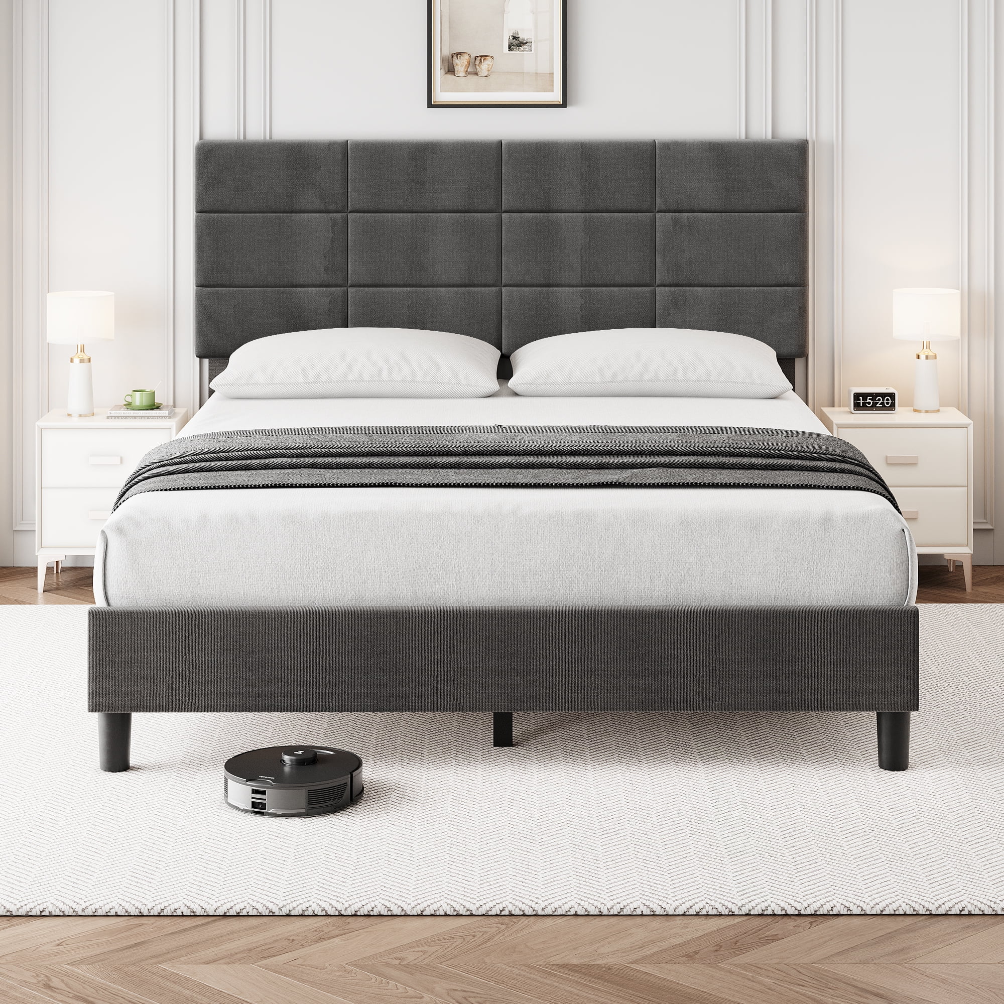 Twin/Full/Queen/King Size Bed Frame with Headboard, Upholstered Linen Platform Bed Frame with Solid Wooden Slats Support No Box Spring Needed, Noise-Free, Easy Assembly, Grey