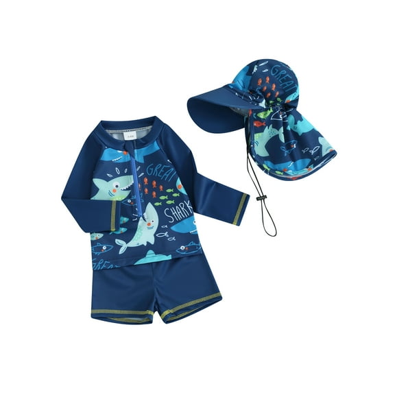 FEORJGP Kids Baby Boy Rash Guard Swimsuits Toddler 0-5Y 3Pcs Zip Up Swimwear Long Sleeve T-shirt Crew Neck Tops Elastic Short Little Boys Cute Fish Print Bathing Suit Beachwear