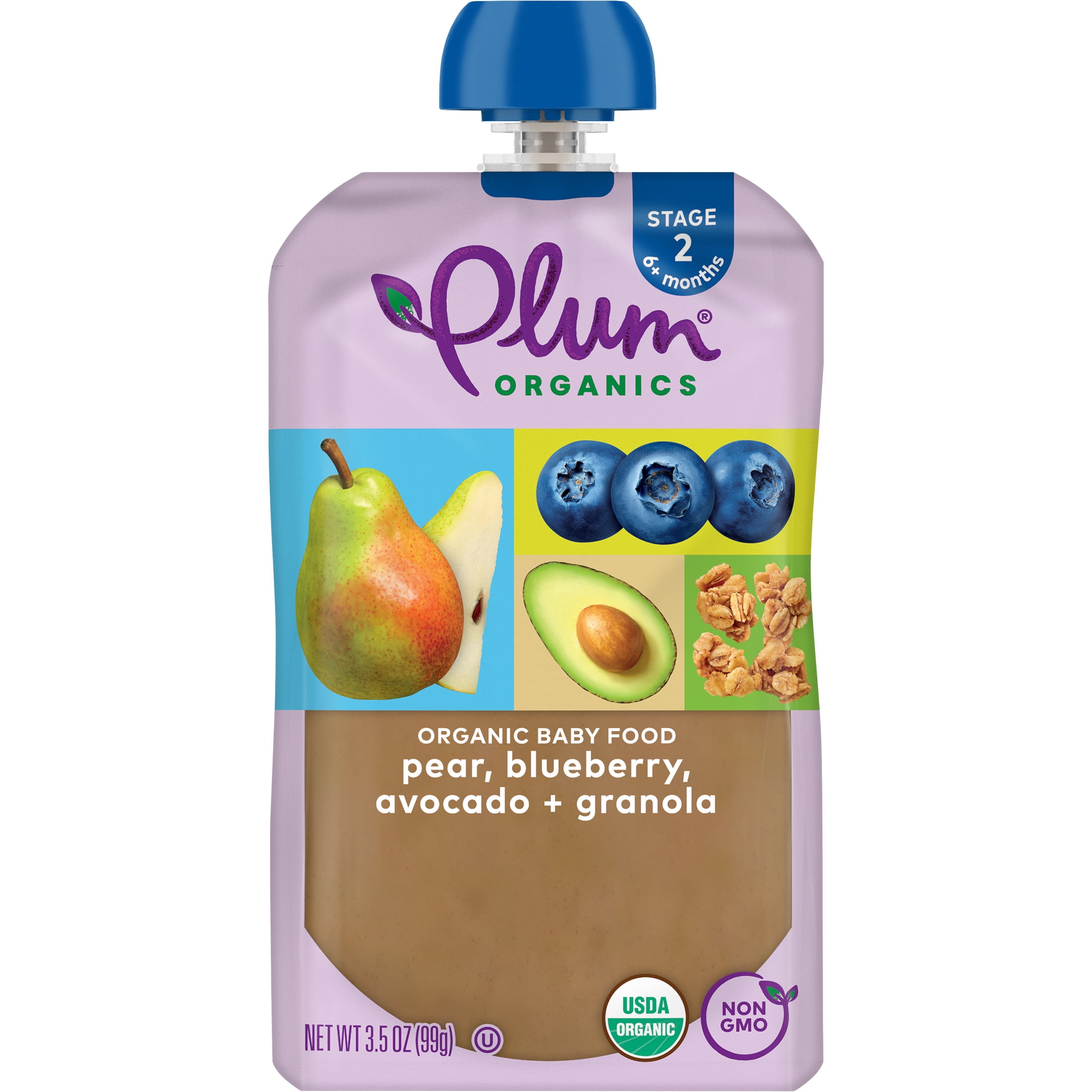(4 pack) Plum Organics® Stage 2 Organic Baby Food Pear, Blueberry, Avocado + Granola 3.5oz Pouch