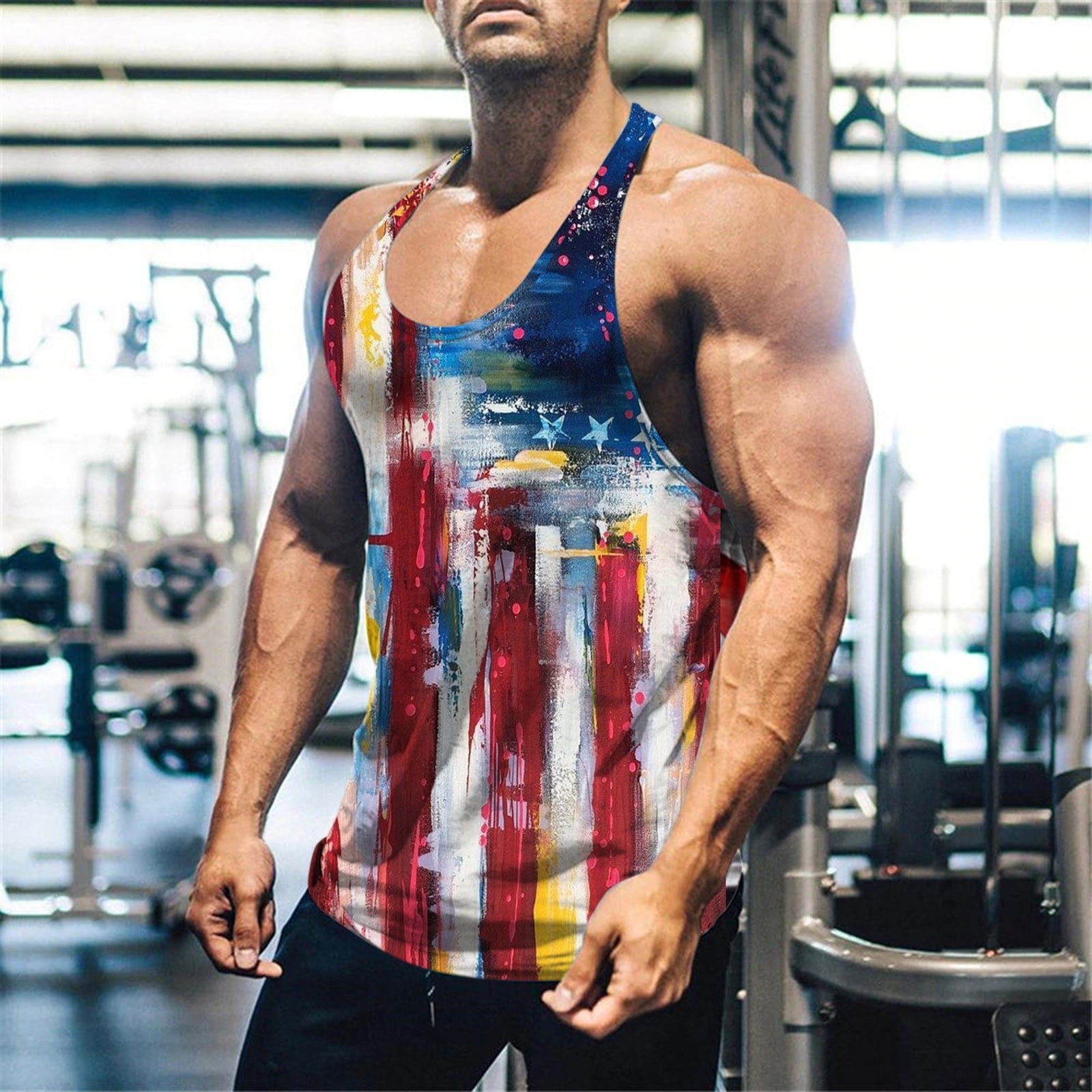 Benficial-Mens Clothes Mens Sleeveless Independence Day Printing Mesh Breathable Fitness Sport Vest