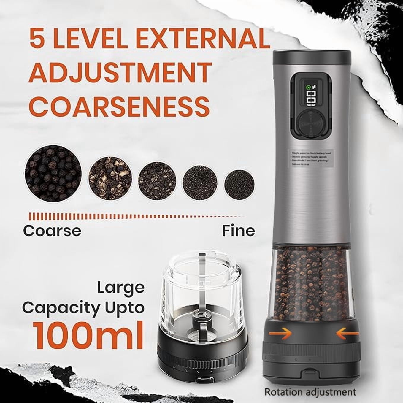 Electric Salt and Pepper Grinder Set - Ceramic Grinder, Automatic Mills, Rechargeable Base with Battery Indicator, Stainless Steel Shakers, 5-Level Coarseness Adjustment for Modern Kitchen
