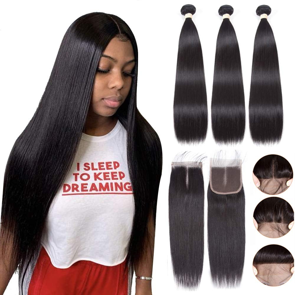 Brazilian Straight Human Hair Bundles with Closure (18 20 22+16 Inch) Free  Part, 8A Unprocessed Natural Black Straight Virgin Hair Bundles with 4×4  Lace Closure. | Walmart Canada