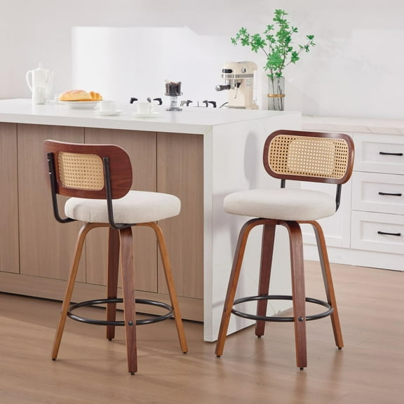 Swivel Bar Stools with Cane Back Set of 2 26 Inch Counter Height Walnut Wood Frame and Beige Linen Upholstery for Dining Room Kitchen