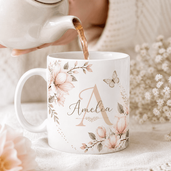 Personalized Mug Magnolia Floral Initial Custom Name Coffee Cup Gift