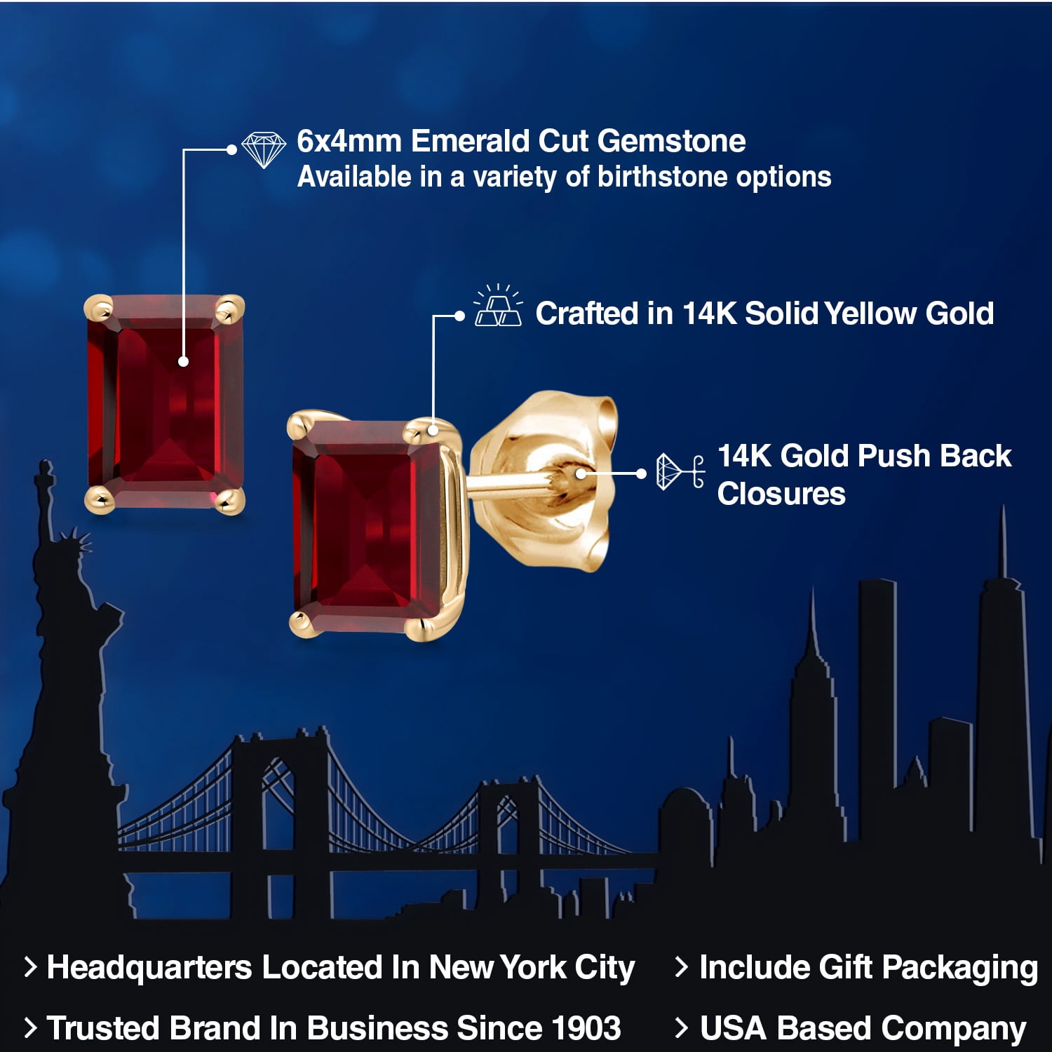 Gem Stone King 14K Yellow Gold Red Garnet Stud Basket Setting Earrings for Women Men | 1.60 Cttw | Gemstone January Birthstone | Emerald Cut 6X4MM | Double Notch | Gold Earrings for Women Men