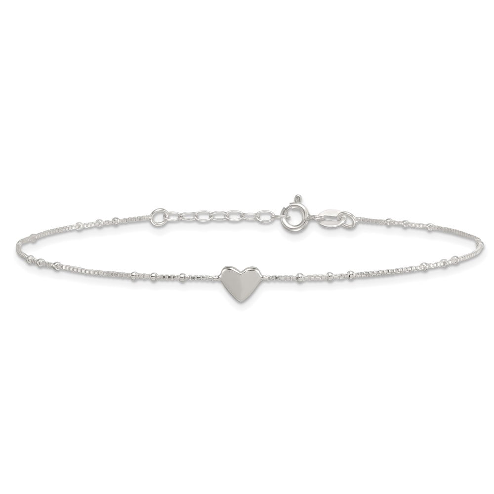Sterling Silver Polished and Beaded Heart 9 inch with 1 inch Extension Anklet