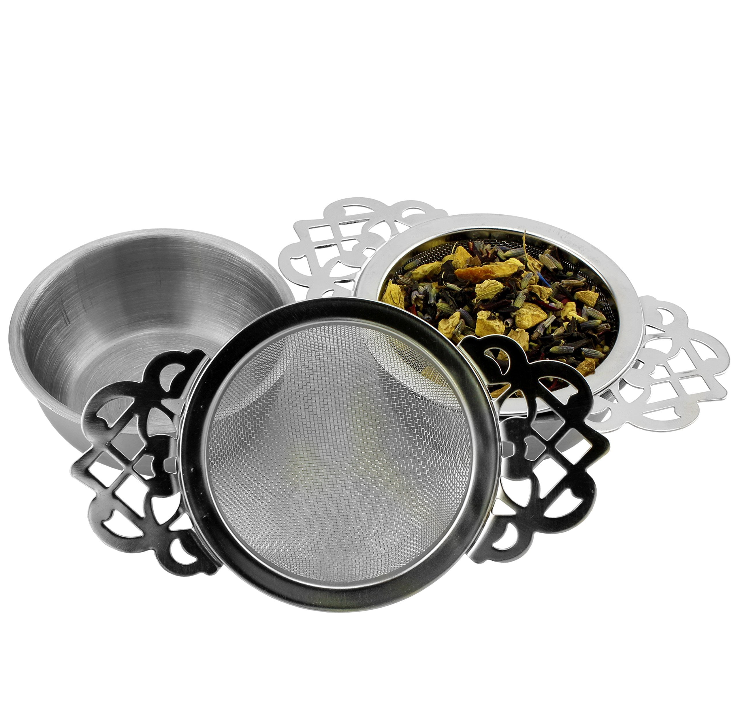 Empress Tea Strainers with Drip Bowls (2Pack); Elegant Stainless Steel