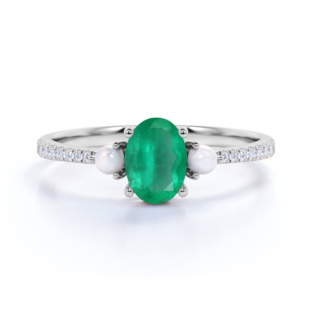 JeenMata .95 ct Oval Real Zambian Emerald Green Diamond Ring3 Stone