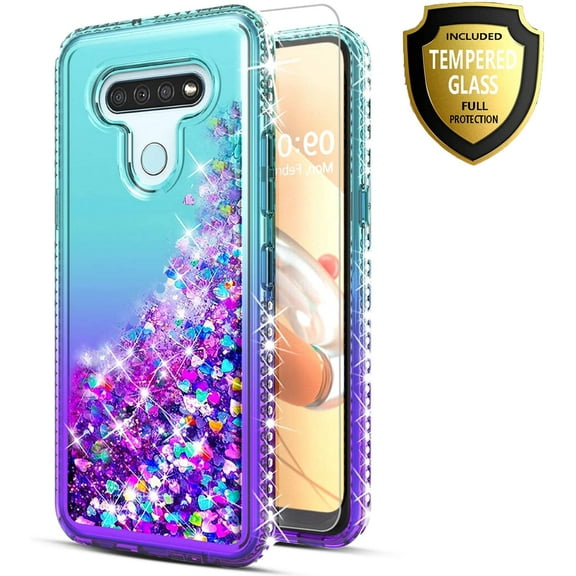 LG Premier Pro Plus/ Harmony 4 Case, [NOT FIT Premier Pro /Harmony 3 ] Case, with [Tempered Glass Protector Included] Liquid Floating Glitter Quicksand Bling with Spot Diamond Cover - Teal/Purple