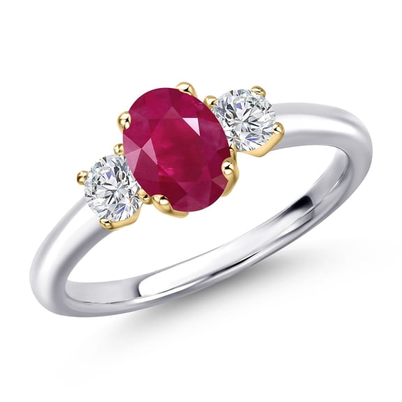 Gem Stone King 925 Silver and 10K Yellow Gold Red Ruby and Lab Grown Diamond Engagement Ring for Women | 1.34 Cttw | Oval 7X5MM | Gemstone July Birthstone | Size 9