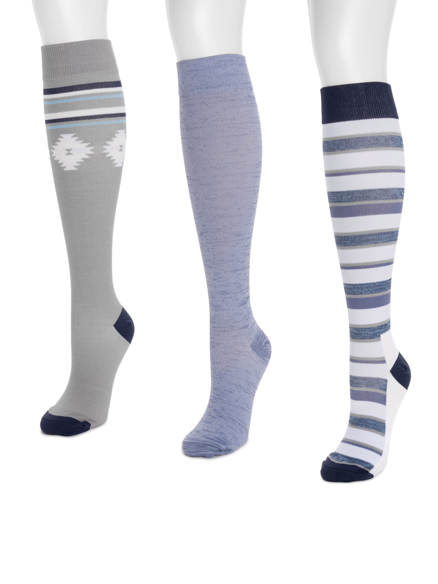 MUK LUKS Women's Wide Width Compression Nylon Knee-High Socks, 3-Pack, Shoe Size 6-10