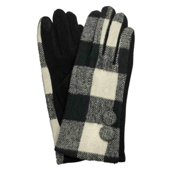 Womens Black Buffalo Plaid Button Stretch Fit Texting & Tech Touchscreen Gloves