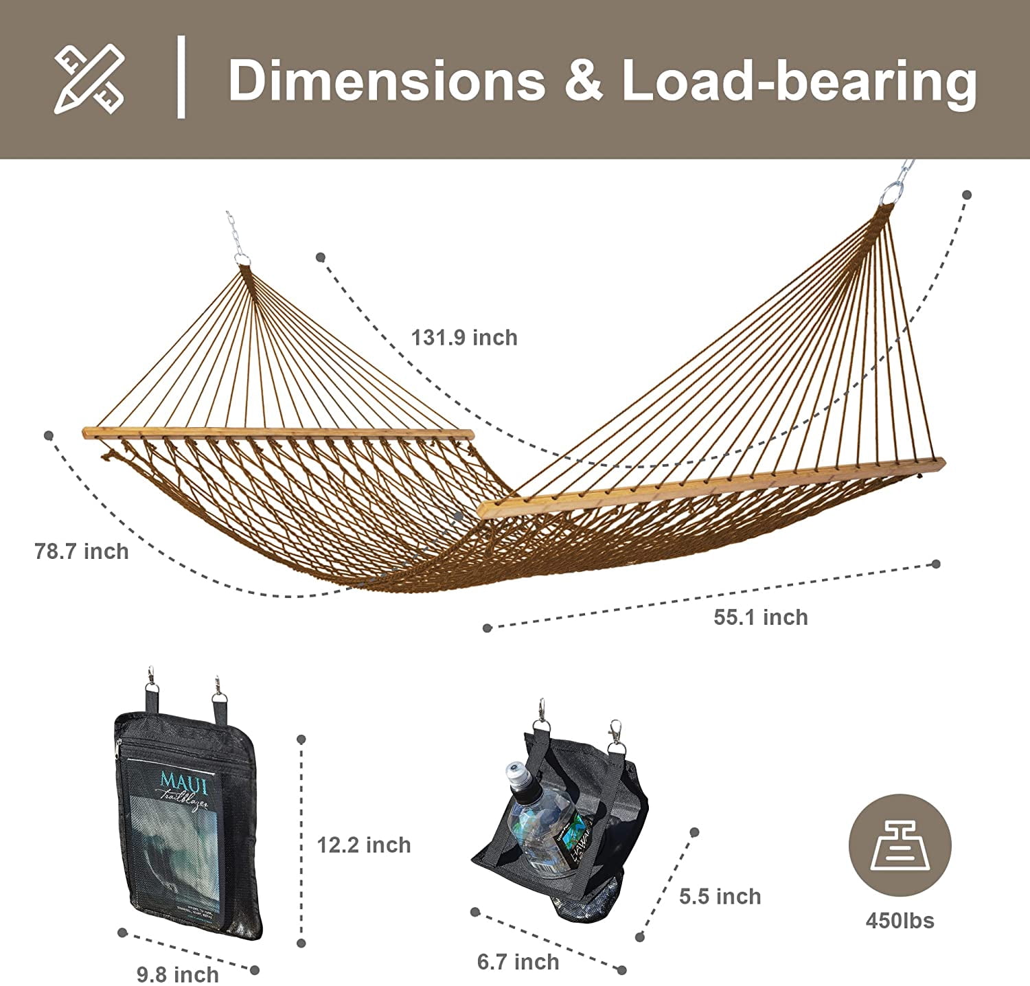 SUNCREAT Portable 2 Person Hammock with Carrying Bag, Tree Hooks, Magazine Bag, Bottle Holder, Brown