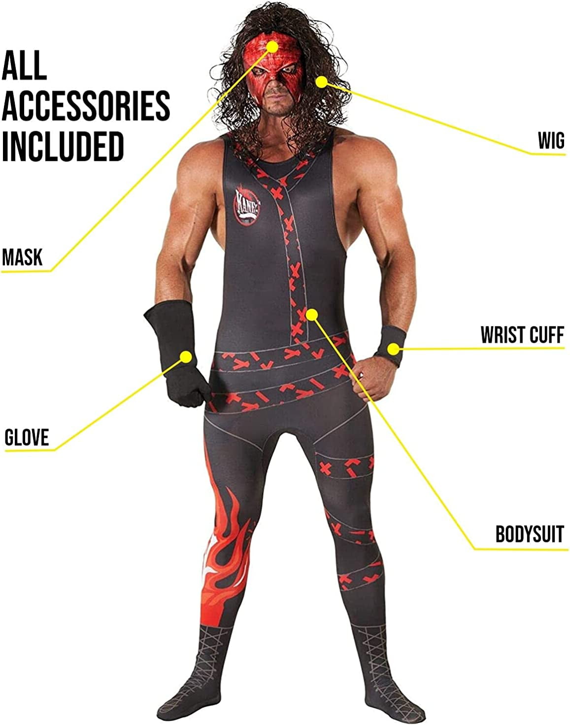 Morph Licenced Mens WWE Classic Kane Costume Wig Adult Wrestling - Main Image