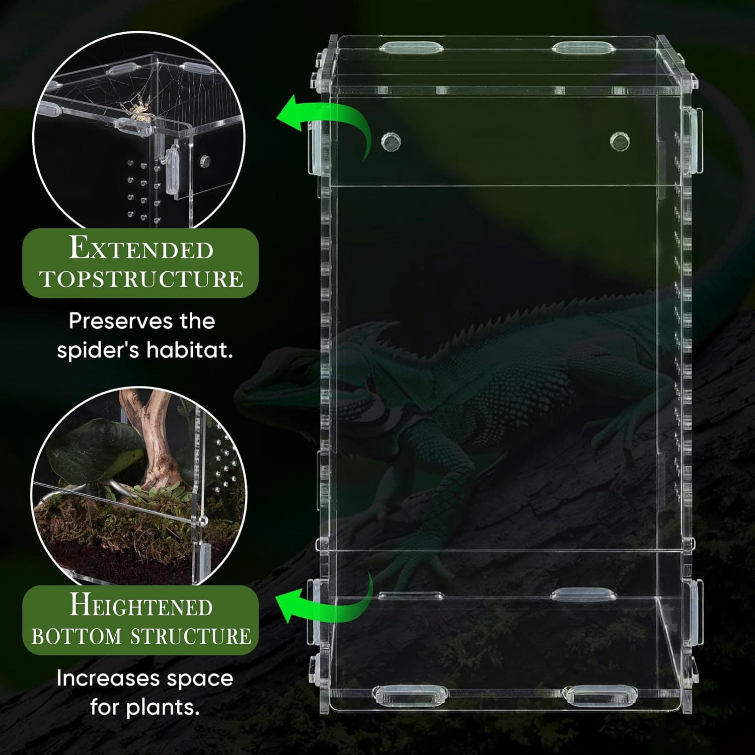 Clear Acrylic Reptile Terrarium, 12x12x20cm Full View Small Enclosure with Magnetic Lock, Multi-Side Ventilation Holes, Habitat for Jumping Spiders, Tree Frogs, Insects, Small Reptiles & Amphibians