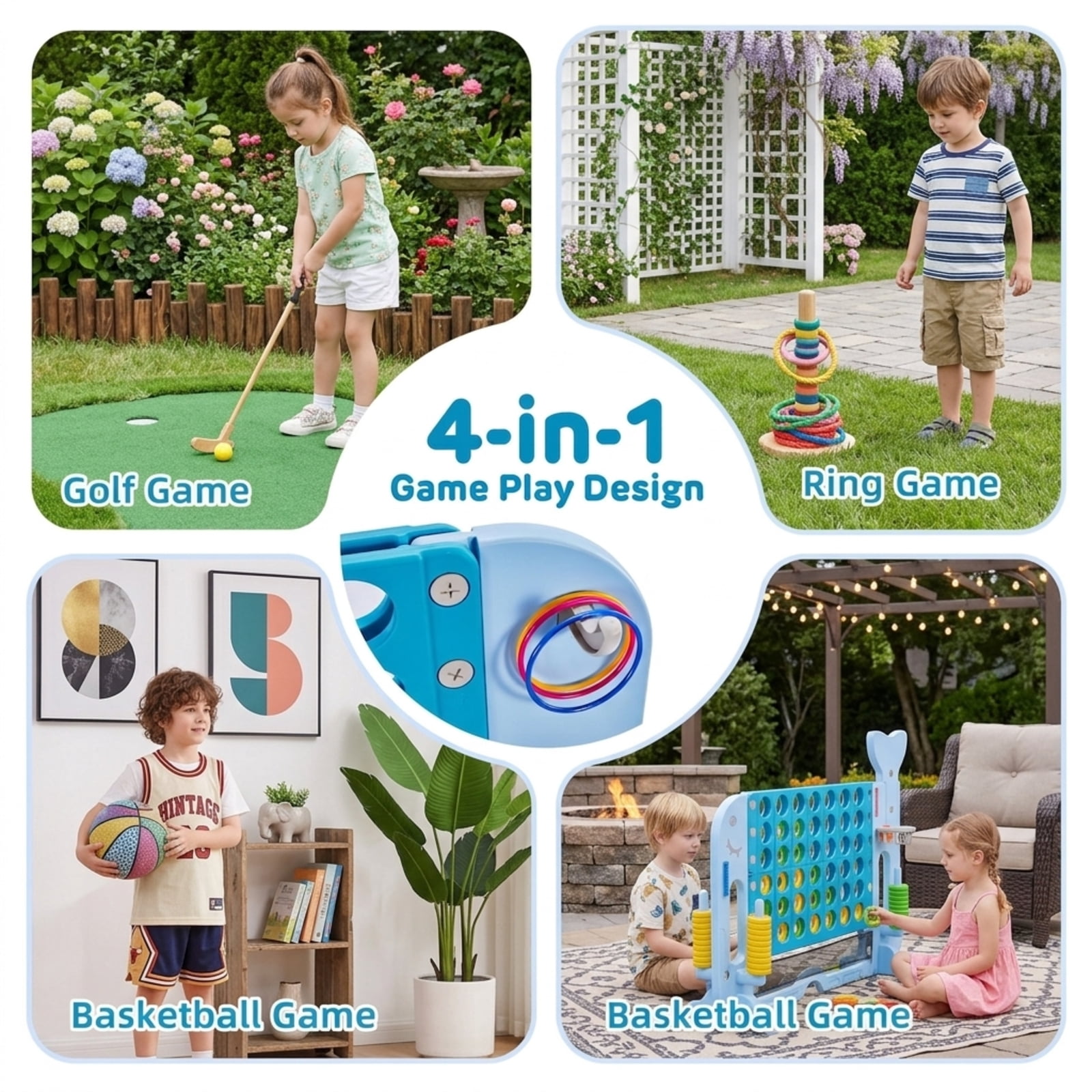 Fenbeli Whale-Shaped Giant 4-in-a-Row Game Set, 4-in-1 Outdoor Yard Game with Ring Toss, Basketball and Golf, 3-Level Adjustable Height
