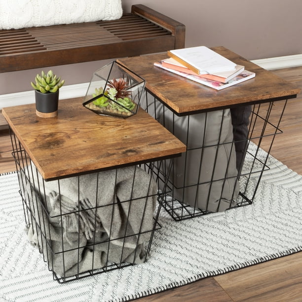 Lavish Home Wire Basket and Wood Top End Tables (Set of 2), Brown