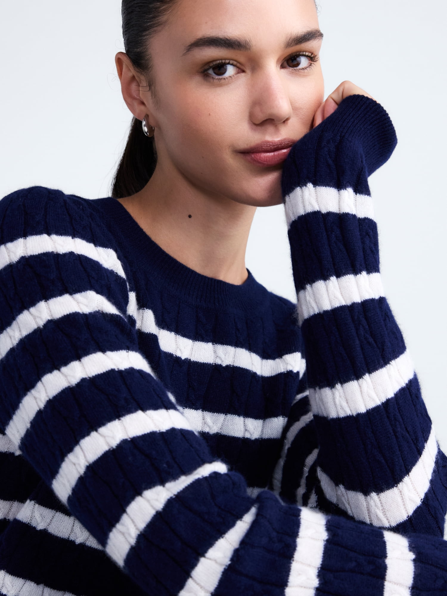 Free Assembly Women's and Women's Plus Cashmere Cable Knit Sweater with Puff Sleeves, Midweight, Sizes XS-4X