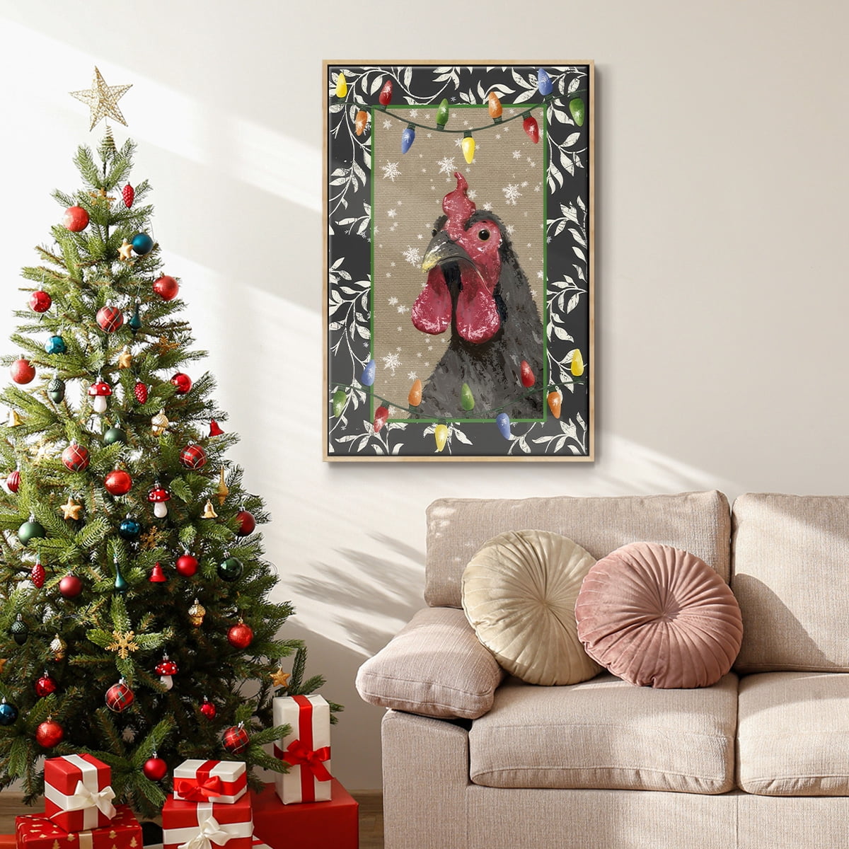 County Christmas Farm IV - Framed Gallery Wrapped Holiday Canvas - 27 x 41 - Natural Wood Frame