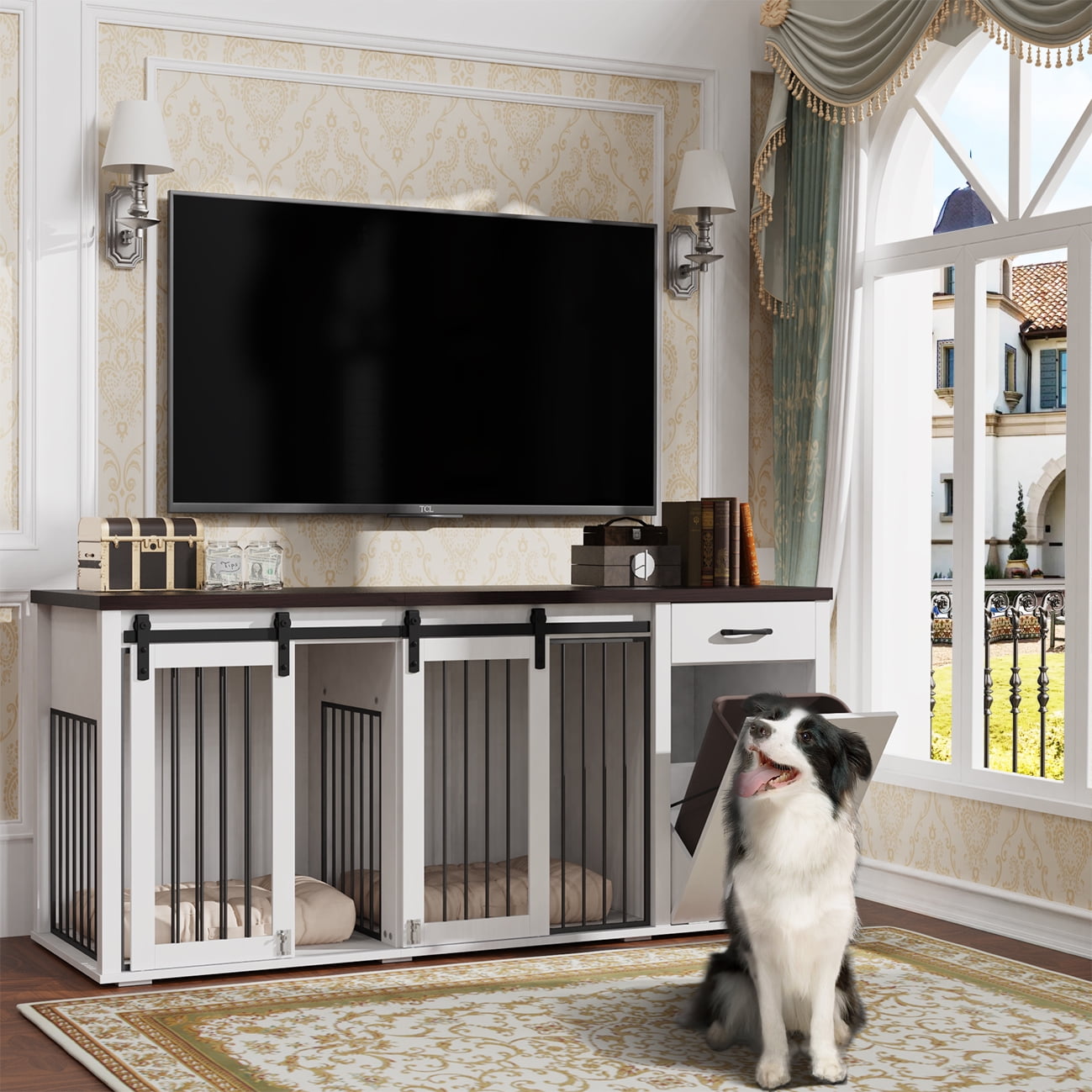 71'' Multi- Functional Dog Crate Furniture for 2 Dogs with Divider and Sliding Doors, Large Dog Kennel with Storage Drawer and Tilt Out Trash Cabinet, Whilte