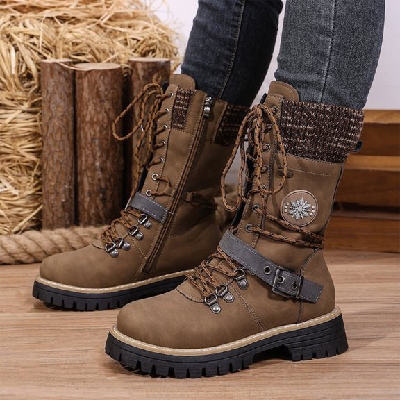 Women's Casual Mid Calf Boots, Retro Splice Knit Belt Buckle Lace Up Platform Design with Breathable Lining, Trendy Boots for Daily Party Gift