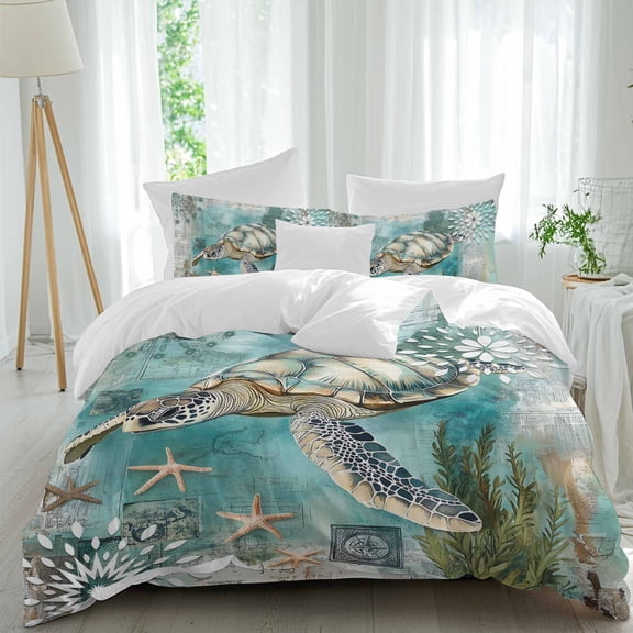 Vintage Sea Turtles Duvet Cover Set Twin Size Oceans Sea Stars Corals Soft Lightweight Comforter Covers 4 Piece Bedding Set with 1 Duvet Cover 1 Bed Sheet & 2 Pillow Shams