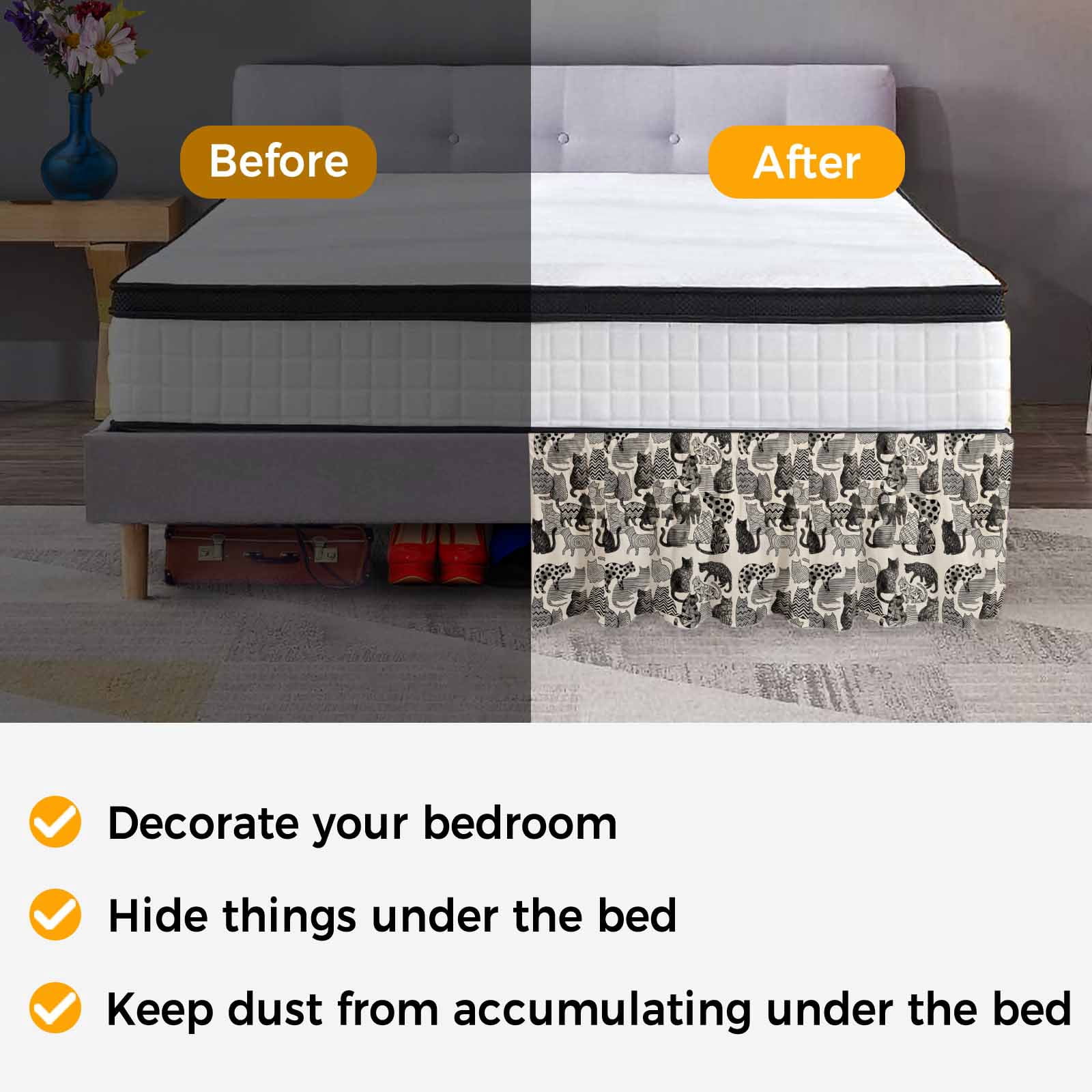 Bed Skirt Abstract Cat Vintage Adjustable Elastic Wrap-Around Dust Ruffle with Geometric Wave Dot Line Cat Memphis Art 18 Inch Drop, Bed Frame Cover for King Size Bed