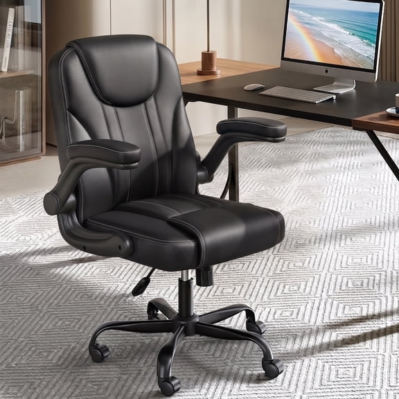 Pinmoco Ergonomic PU Leather Office Chair, High Back Executive Computer Desk Chair with Double-Layer Cushion, Swivel Gaming Chair with Wheels and Flip-Up Armrests, Black