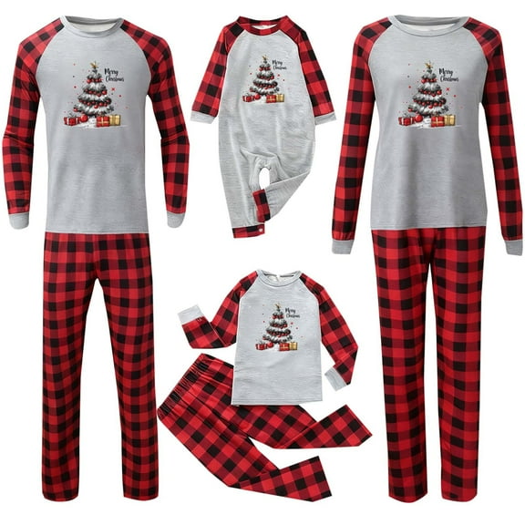 Aofany Family Matching Christmas Pajamas Set, Christmas Tree&Letter Print Long-Sleeved T shirt Tops   Plaid Trousers Holiday Sleepwear Outfits for Family Member