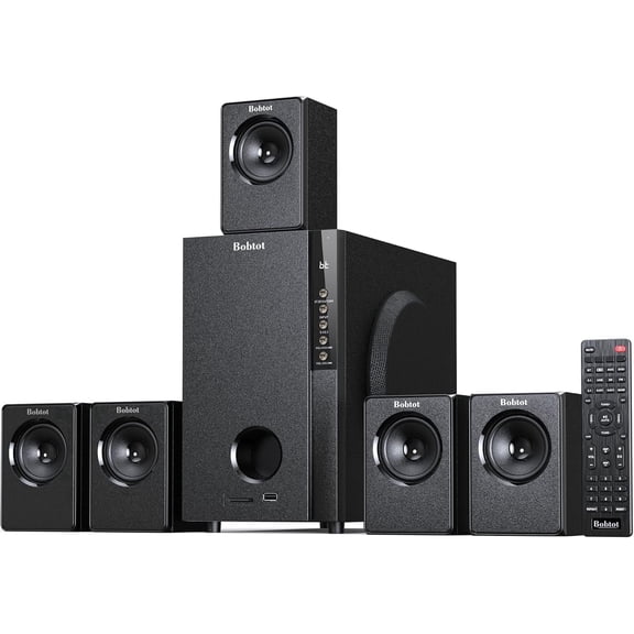 Home Theater Systems with 5.25 inch Subwoofer, 5.1 Wired Satellite Surround Sound Speakers, 600 Watts Peak Power Deep Bass Audio Stereo System with FM Radio Bluetooth AUX DVD USB SD Input