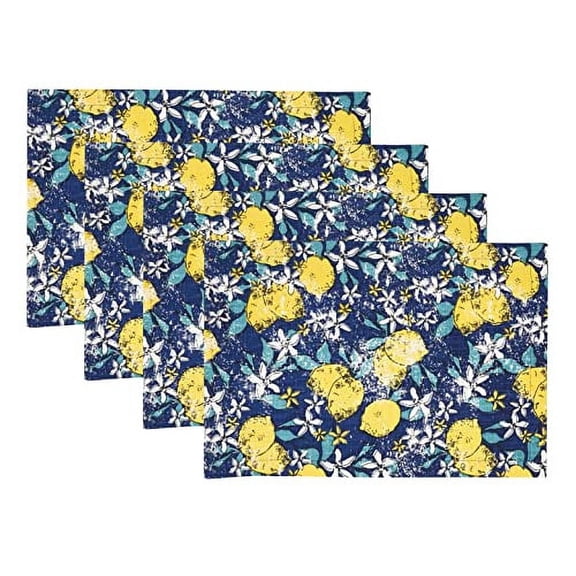 Fennco Styles Lemons Design Cotton Placemats 14 x 20 Inch, Set of 4 - Navy Blue Woven Table Mats for Indoor Outdoor Décor, Dining Room, Banquets, Everyday Use and Special Occasions