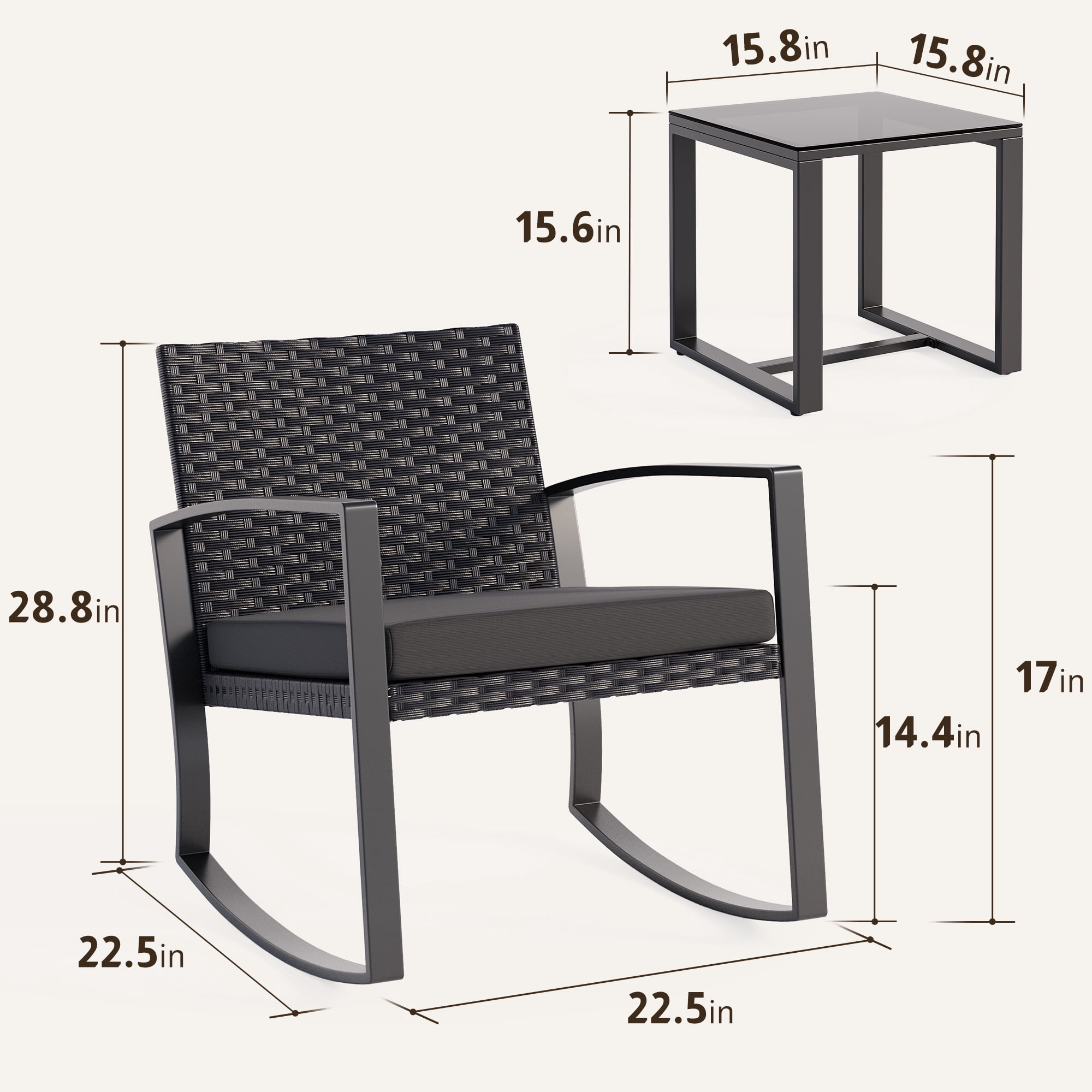 Lofka 3-Piece Patio Furniture Set Clearance with Tempered Glass Coffee Table and Rattan Rocking Chairs for Outdoor, Porch & Balcony, Black
