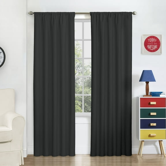 Eclipse Kids Macklin Solid Thermaback Blackout Rod Pocket Window Curtain Panel 42 x 84, 1 Panel, Black