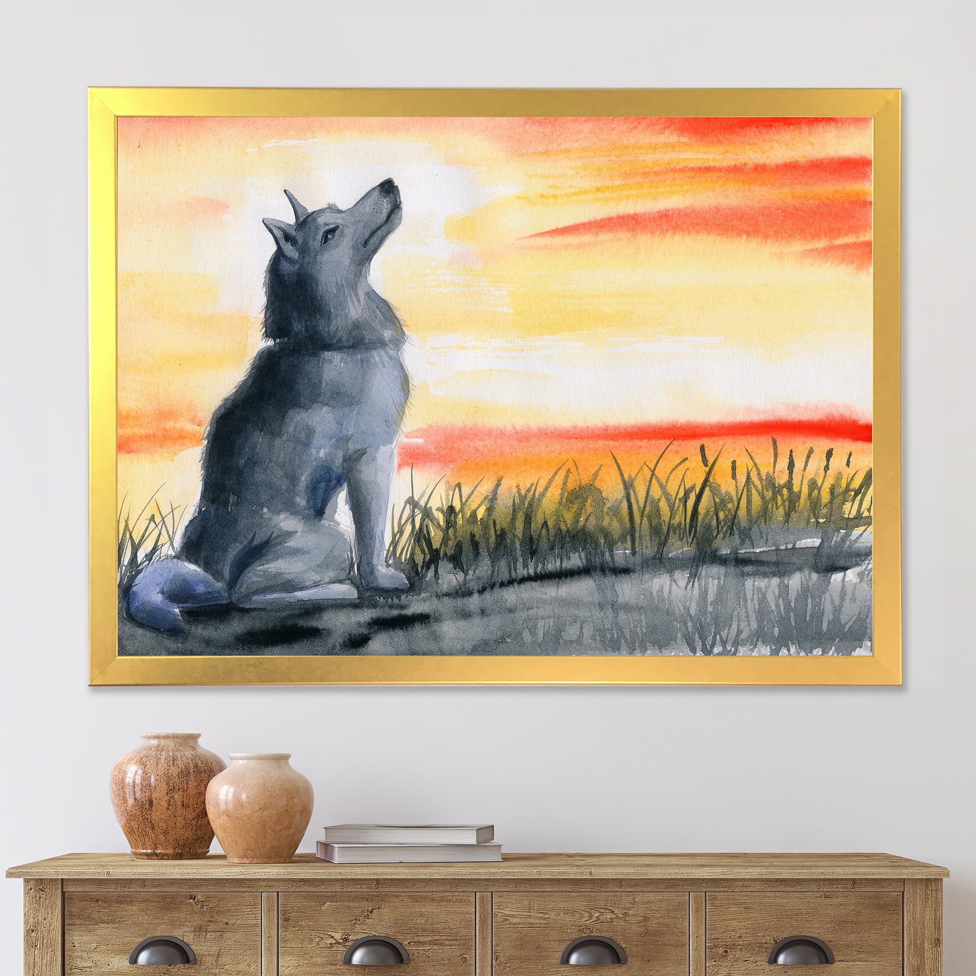 Designart 'Portrait Of Grey Wolf Howling At The Moon' Traditional Framed Art Print