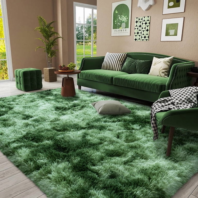 carpet 4x6ft Area Rugs for Living Room,Tie-Dye Dark Green Fluffy