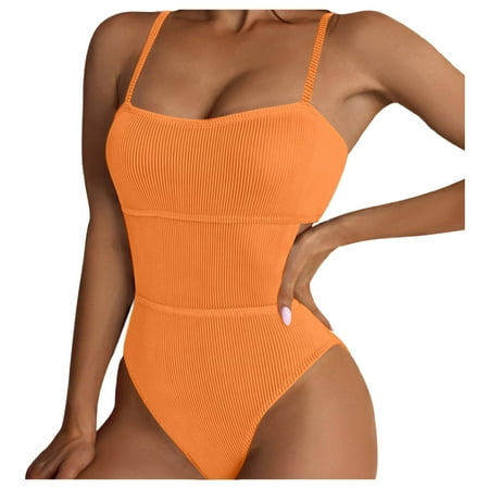 Womens One-Piece Swimsuits Solid Color Summer Large Beach Bikini Fashion Sexy Swimsuit Swimwears Beachwear Orange M
