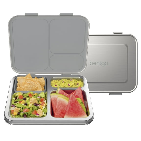Bentgo Kids Stainless Steel Leak-Resistant Lunch Box - 3-Compartments with Bonus Silicone Container, Durable, Eco-Friendly, Dishwasher Safe, BPA-Free, Ideal for School, Ages 3  (Silver)