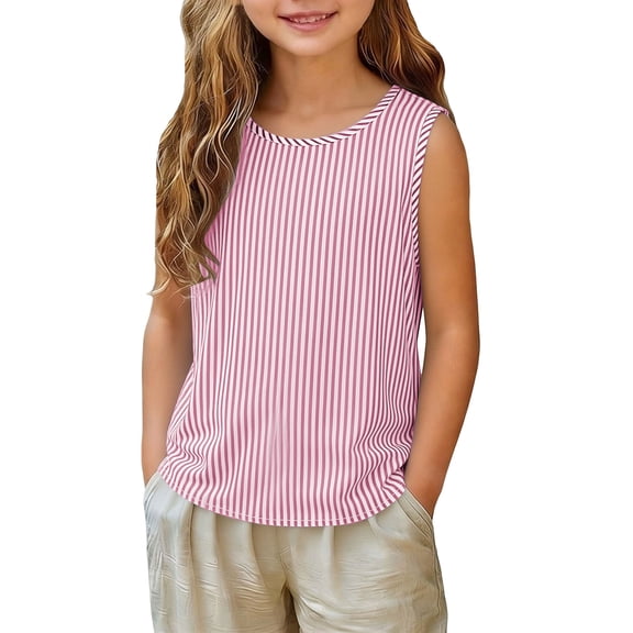 ZACPNCV Girls Tank Tops Kids Cotton Blend Undershirt Summer Cute Striped Sleeveless Top Casual Tee for 4-14Y B-Pink