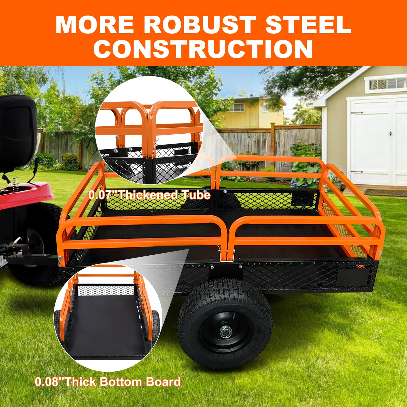 Heavy Duty ATV Trailer, Steel Tow Behind Dump Cart, 750 Lbs Garden Utility Carts with Removable Sides, 15 Cu.Ft. Utility Trailer for Lawn/Garden Mower, Tractor, ATV, UTV