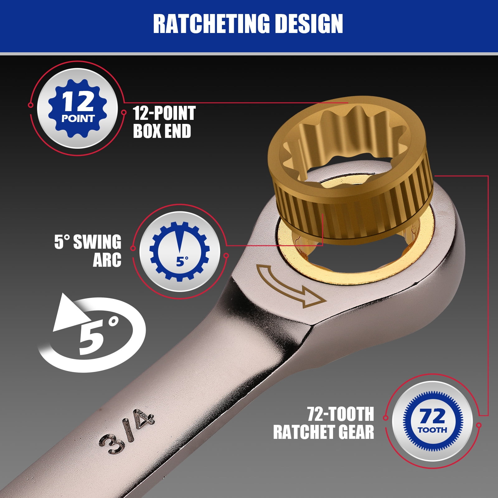 12-Piece SAE Ratcheting Wrench Set | 1/4” to 7/8“ | Ratchet Combination Wrenches Set with Organizer | 72-Teeth | Chrome Vanadium Steel