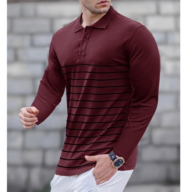 Blusa y camisa de manga larga con cuello vuelto para hombre, informal, con estampado de rayas, de poliéster