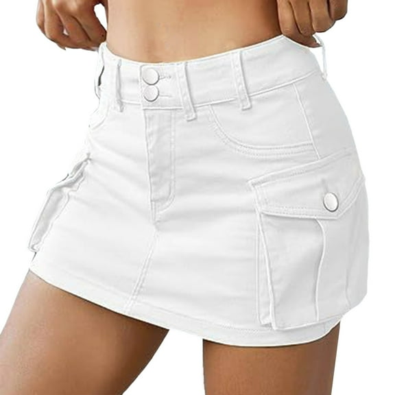gvdentm Mini Skirt Women's Low Waist Cargo Skirt Button Mini Cargo Denim Skirt with Pocket WH2,L