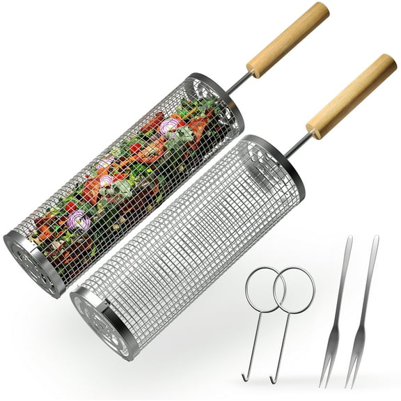 Sorbus Rolling Grill Baskets (2-Pack) – 304 Stainless Steel BBQ Grilling Nets with Removable Wooden Handle – Outdoor Cooking Accessories for Camping, Dad, Husband, Men Gifts