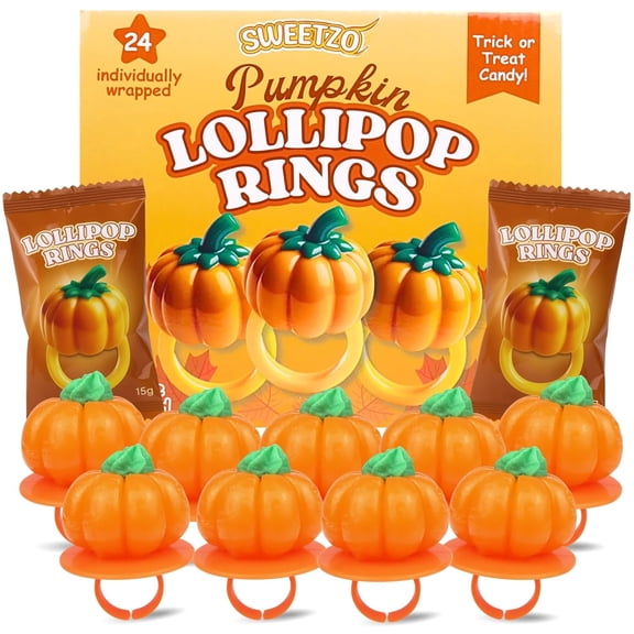 Thanksgiving and Fall Pumpkin Candy Lollipop Rings, 24 Count, 12.7 Ounce Box
